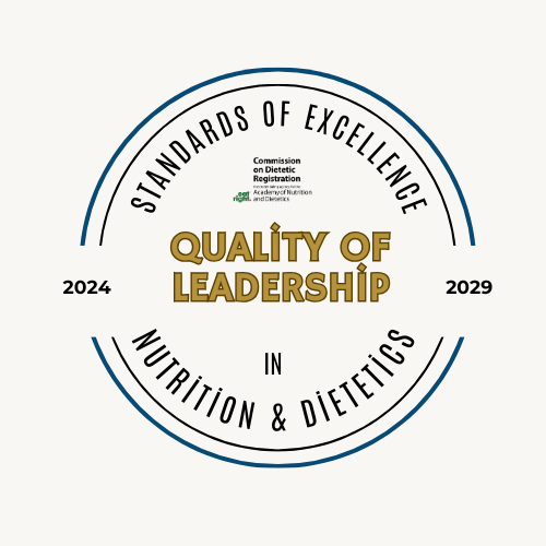 : Image displaying four circular badges representing the Standards of Excellence in Nutrition and Dietetics for 2024-2029. Each badge highlights a domain within different colored outlines: 'Quality of Organization' in green, 'Quality of Practice' in purple, 'Quality of Leadership' in blue, and 'Quality of Outcomes' in red.