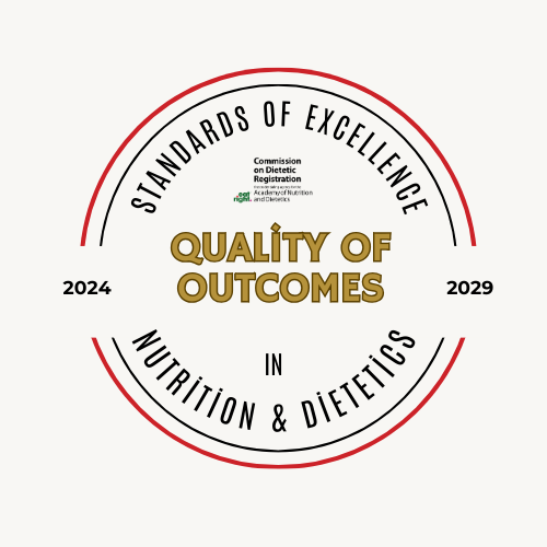 : Image displaying four circular badges representing the Standards of Excellence in Nutrition and Dietetics for 2024-2029. Each badge highlights a domain within different colored outlines: 'Quality of Organization' in green, 'Quality of Practice' in purple, 'Quality of Leadership' in blue, and 'Quality of Outcomes' in red.